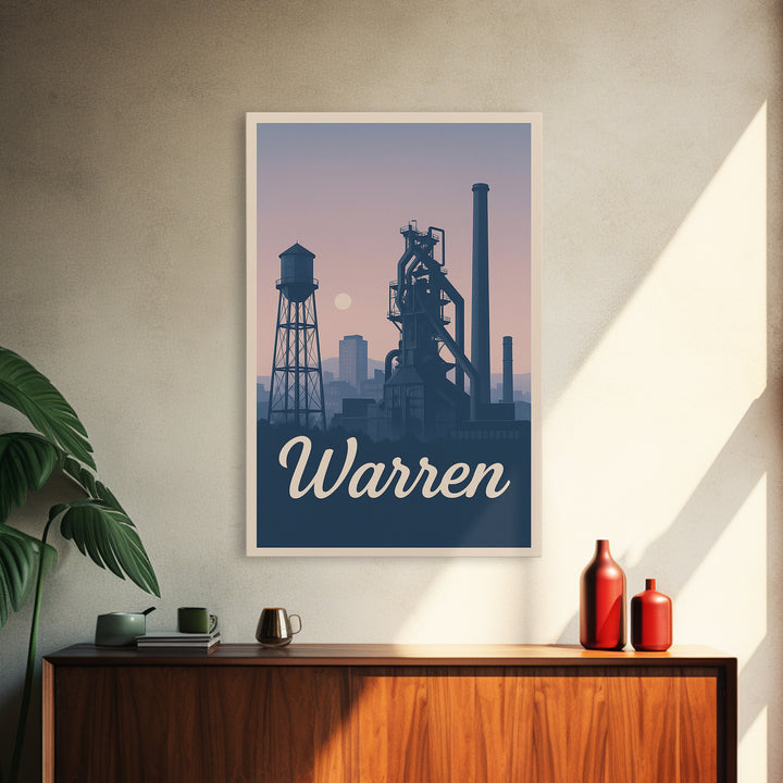 Warren Travel Poster, Framed Canvas Print, Retro Sunset Skyline Art, Warren City Art, Mid Century Wall Art, Modern Wall Decor, Design 2