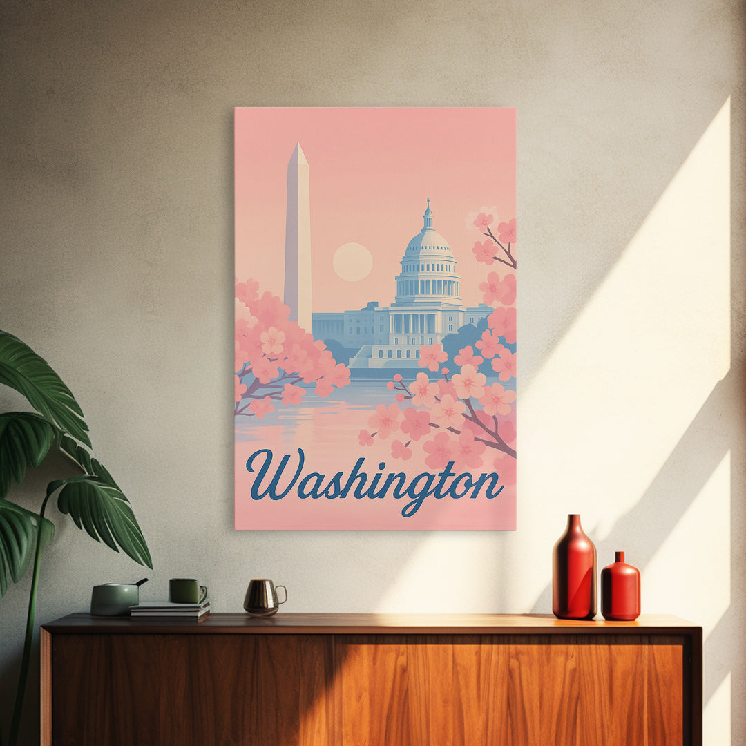 Washington Travel Poster, Framed Canvas Print, Retro Sunset Skyline Art, Washington Poster Print, Vintage City Poster, City Art Print