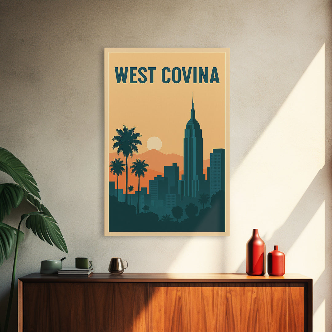 West Covina Travel Poster, Framed Canvas Print, Retro Sunset Skyline Art, West Covina Poster Print, Eclectic Wall Decor, Home Office Decor