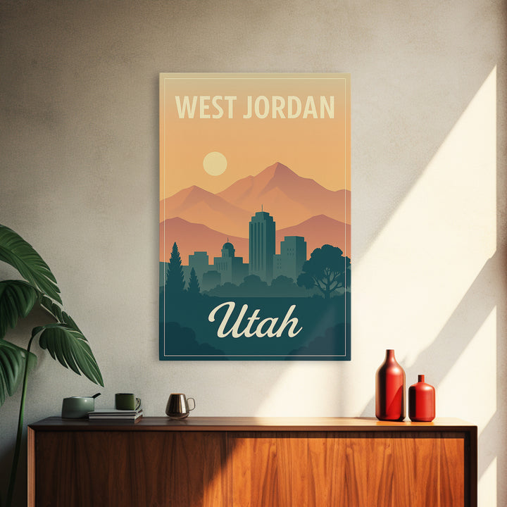 West Jordan Travel Poster, Framed Canvas Print, Retro Sunset Skyline Art, West Jordan Travel Art, City Illustration, Modern Wall Decor