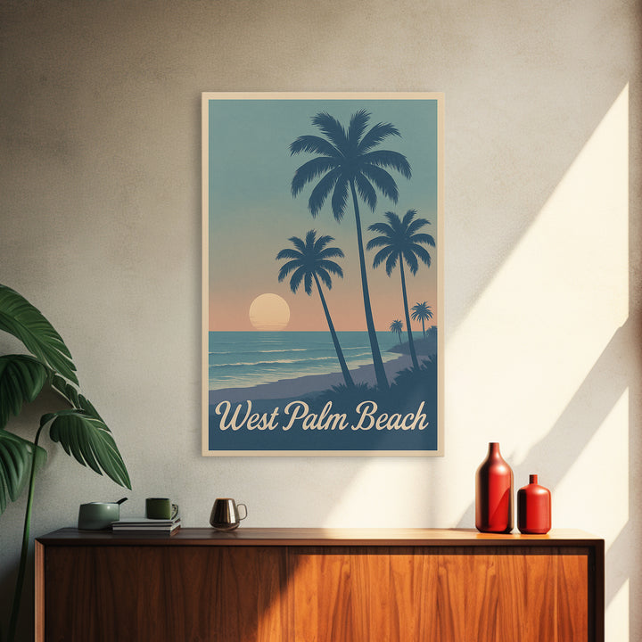 West Palm Beach Travel Poster, Framed Canvas Print, Retro Sunset Skyline Art, West Palm Beach Art Print, Fine Art Print, Travel Poster Art