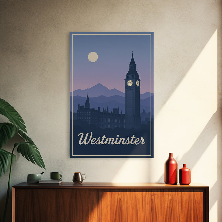 Westminster Travel Poster, Canvas Print, Mid Century City Wall Art, Westminster Travel Art, City Travel Prints, Home Office Decor