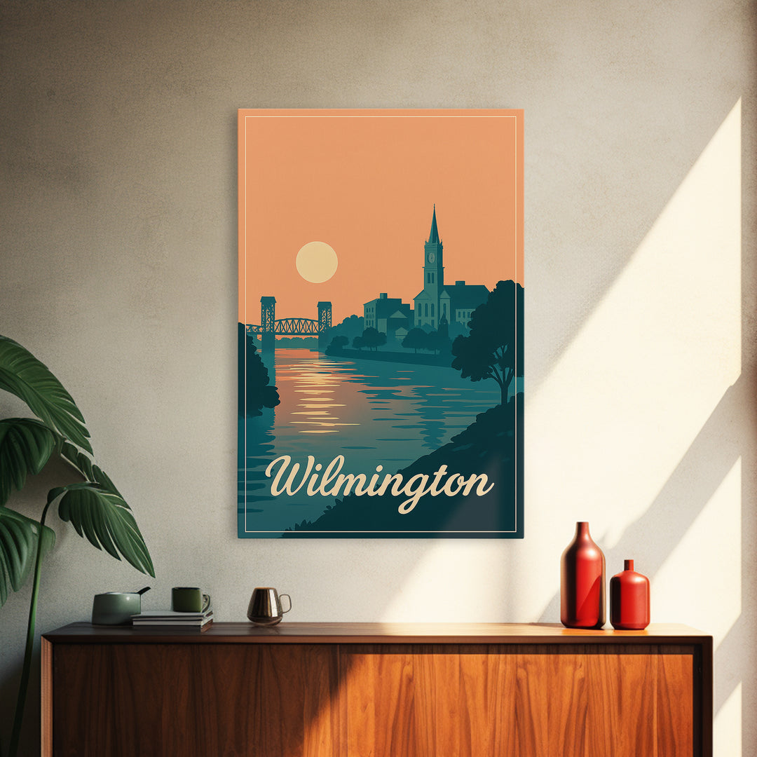 Wilmington North Carolina Travel Poster, Canvas Print, Mid Century City Wall Art, Wilmington Art Print, Wall Art, Watercolor Skyline Art