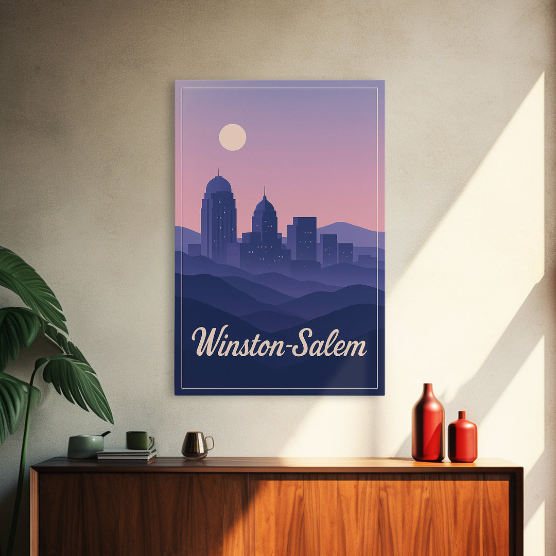 Winston Salem Travel Poster, Framed Canvas Print, Retro Sunset Skyline Art, Winston Salem Poster Print, Retro Travel Print, Fine Art Print