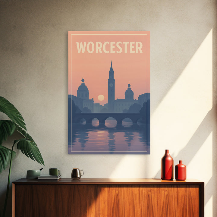 Worcester Massachusetts Travel Poster, Canvas Print, Sunset Skyline Art, Worcester Travel Art, Travel Poster Set, Watercolor City Skyline