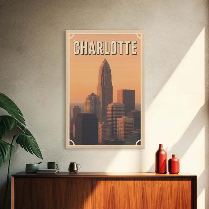 Charlotte Travel Poster, Framed Canvas Print, Vintage Theatre Style Art, Charlotte Poster Print, Gift For Travelers, Travel Poster Set