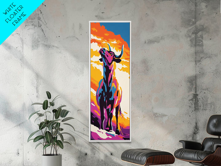 Vibrant Bull Art Framed Canvas Print Colorful Southwest Wall Art, Blotter Art, Chicano Art, Moody Art, Gift Idea, Above Sofa Art