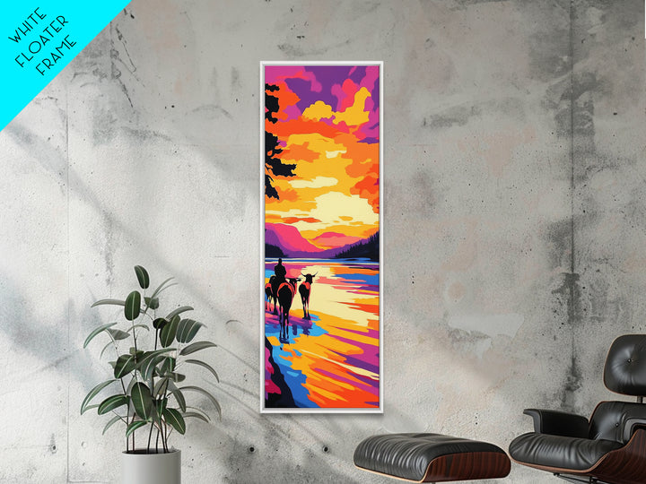 Sunset Cowboy Art Framed Canvas Print Vibrant Western Wall Art, Chicano Art, Colorful Wall Art, Southwest Wall Art, Extra Wide Art