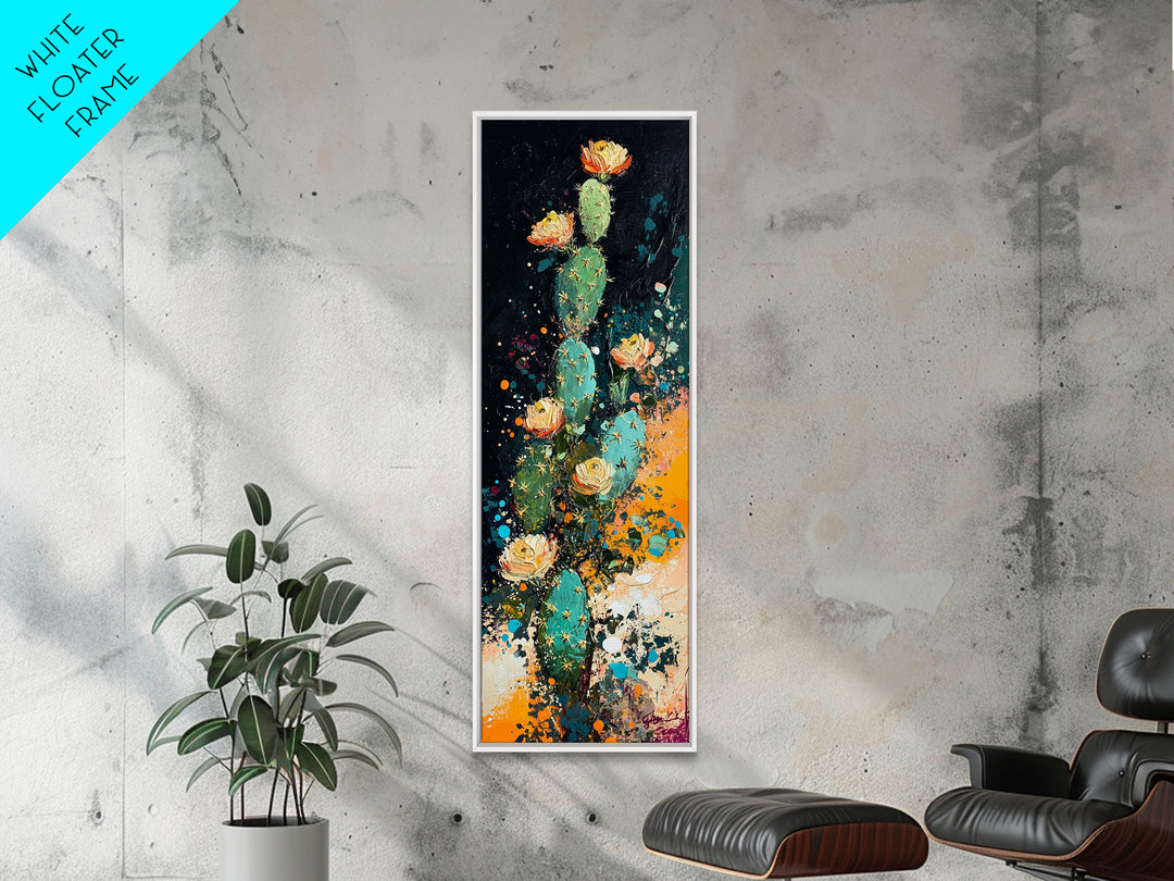 Desert Cactus Bloom Framed Canvas Print Southwest Wall Art Tall Narrow Art Rustic Decor Wildflower Painting