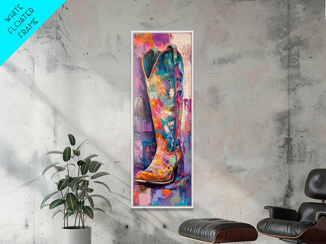 Colorful Cowboy Boot Oil Painting Framed Canvas Print, Whimsical Art, Rustic Wall Art, Extra Wide Art, Southwest Wall Art