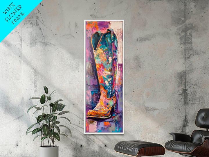 Colorful Cowboy Boot Oil Painting Framed Canvas Print, Whimsical Art, Rustic Wall Art, Extra Wide Art, Southwest Wall Art
