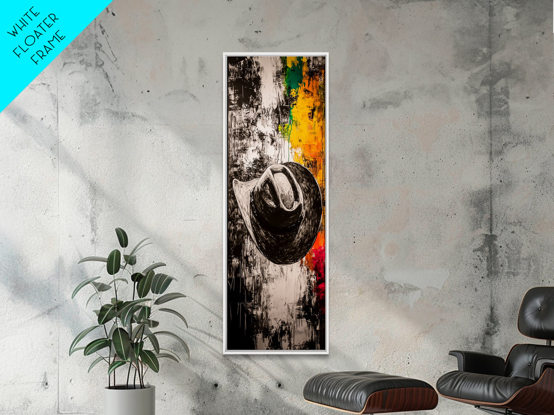 Black and White Cowboy Hat Framed Canvas Print, Moody Art, Southwest Wall Art, Rustic Wall Art, Wabi Sabi Art, Extra Wide Art