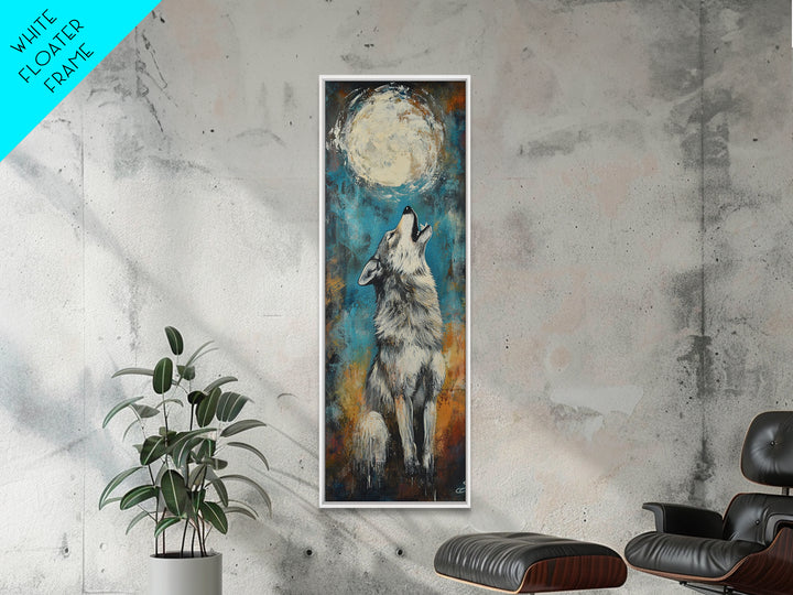 Full Moon Howling Wolf Canvas Print moody art, celestial wall art, nighttime painting, rustic decor, mountain painting, above bed wall art, blue and green wall art, bedroom art, southwest wall art