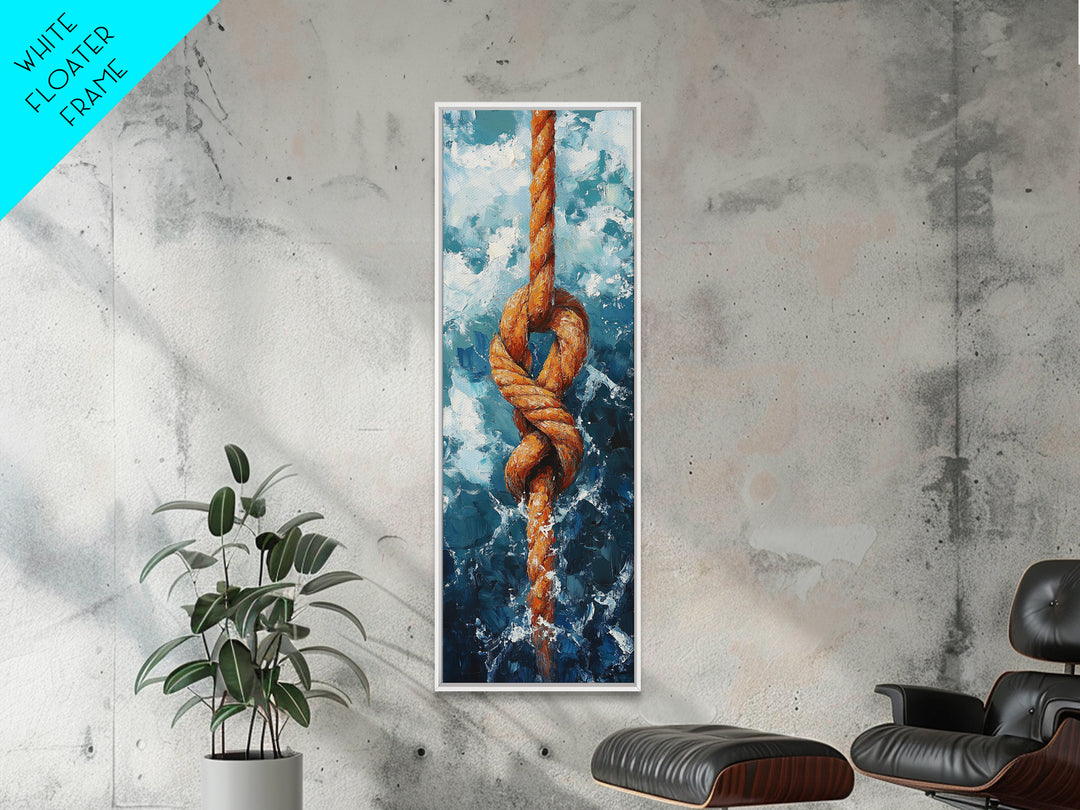 Nautical Rope Knot Painting Framed Canvas Print, Coastal Wall Art, Nautical Decor, Maritime Wall Art, Surf Wall Art, Ocean Art, Extra Wide Art, Rustic Wall Art, Moody Art, Above Couch Art, Gift Idea, Original Painting, Panoramic Art