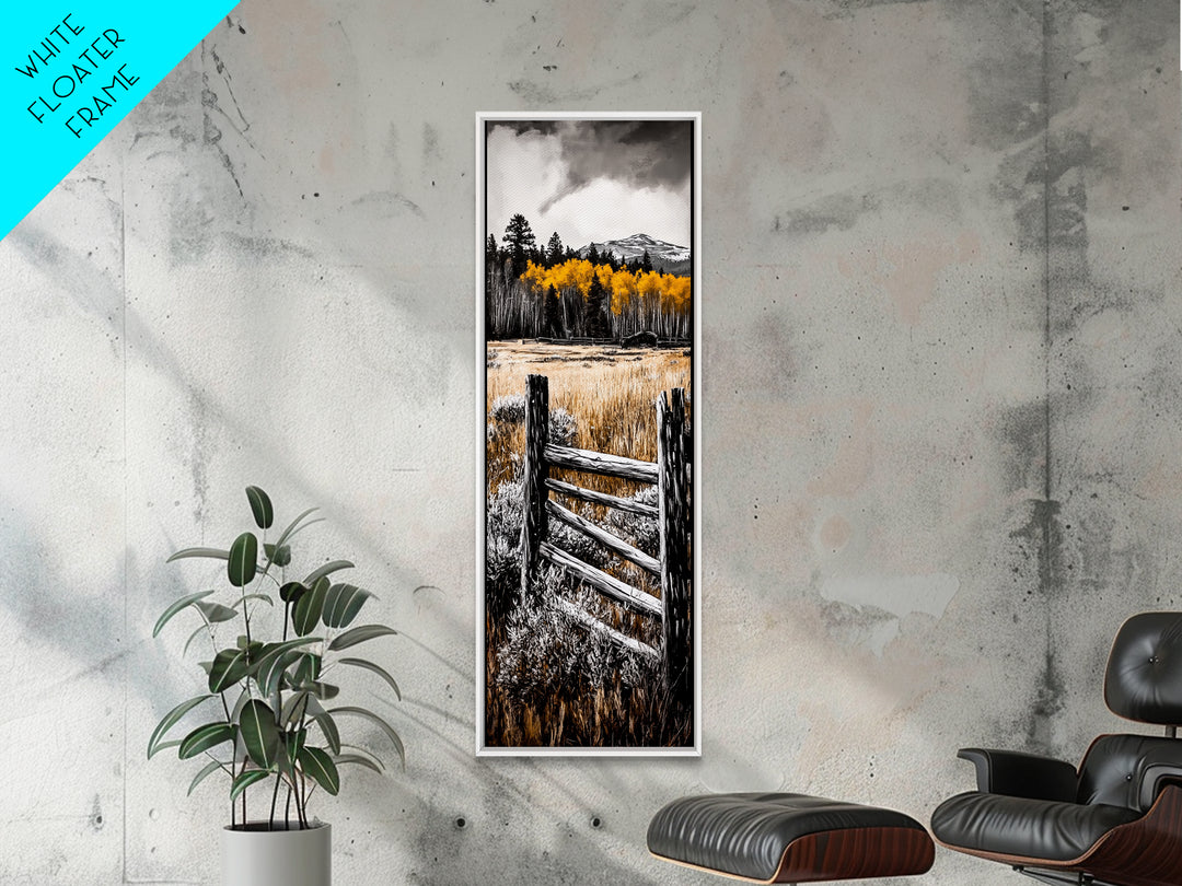 Rustic Mountain Fence Framed Canvas Print, Birch Tree Art, Fall Landscape Painting, Moody Art, Farmhouse Art, Above Sofa Art