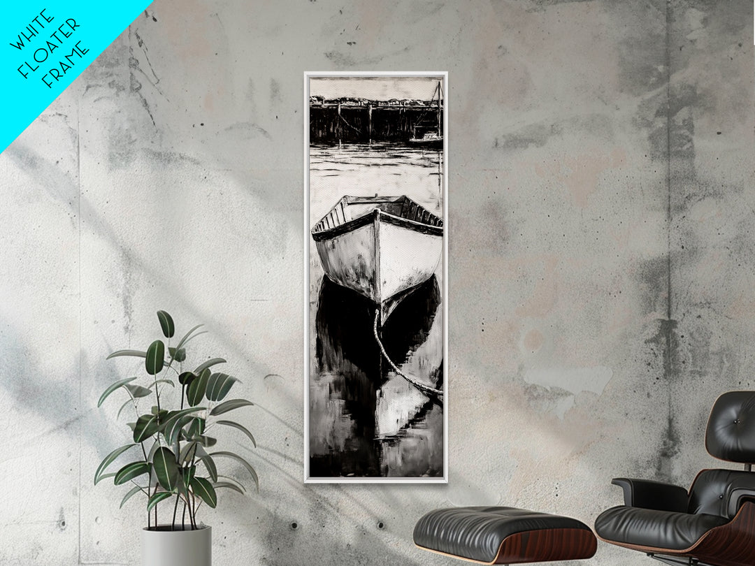 Monochrome Boat Reflection Framed Canvas Print nautical painting moody art coastal wall art nautical wall art gift idea for him
