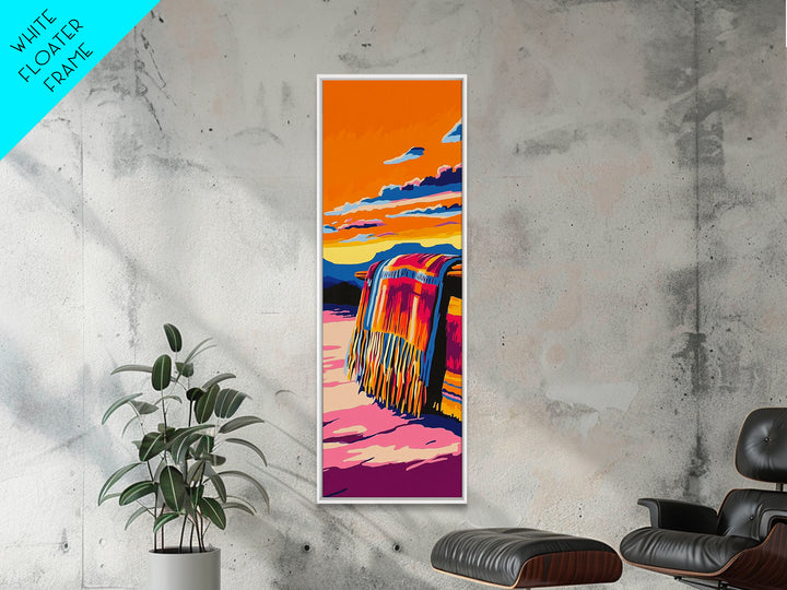 Boho Blanket at Sunset Framed Canvas Print southwest wall art warm sunset art boho art rustic decor gift idea for her