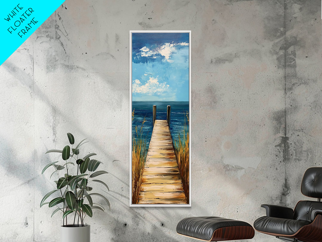 Coastal Dock Painting Framed Canvas Print, Nautical Decor, Coastal Landscape Art, Seascape Painting, Blue and Green Wall Art, Bedroom Art