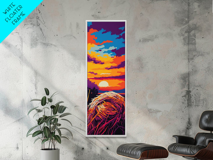 Sunset Hay Bale Framed Canvas Print pink orange wall art rustic decor countryside art barn landscape oil painting warm wall art fall decor