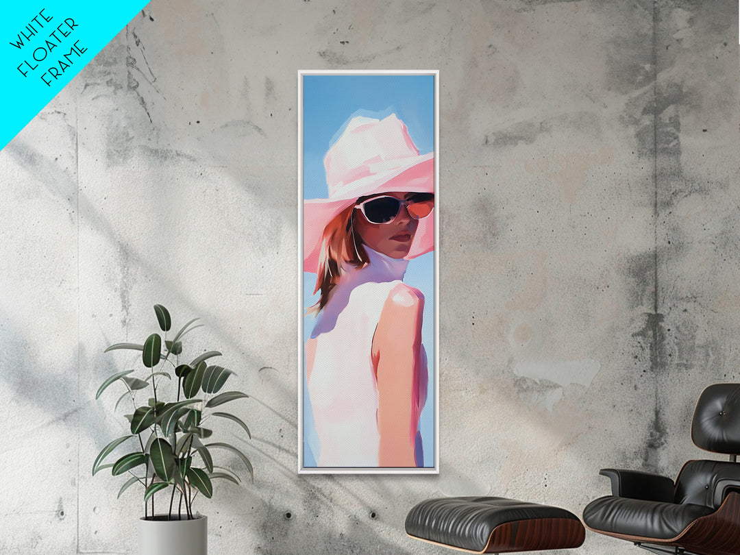 Chic Woman in Pink Hat Light Pink Wall Art Framed Canvas Print Fashion Illustration Modern Home Decor Bedroom Art