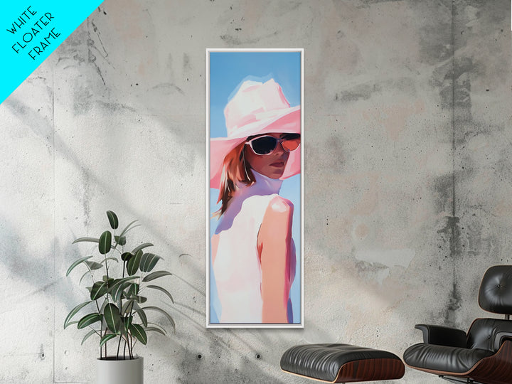 Chic Woman in Pink Hat Light Pink Wall Art Framed Canvas Print Fashion Illustration Modern Home Decor Bedroom Art