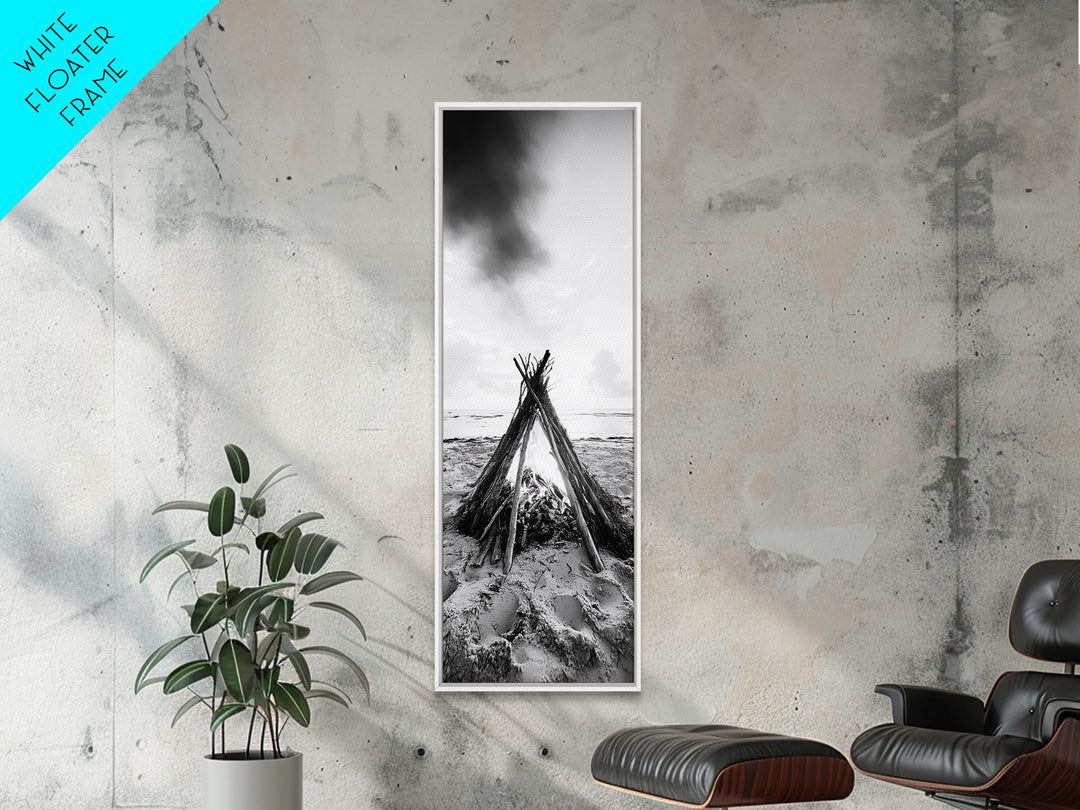 Beach Bonfire, Minimalist Art, Framed Canvas Print, nautical wall art, rustic decor, coastal painting, zen wall art, moody art, minimalist art