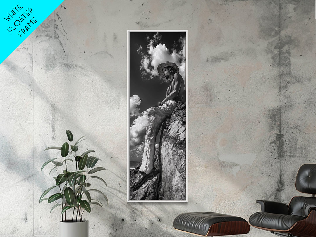 Bohemian Man, Clifftop Reflection, Framed Canvas Print, Coastal Cowgirl Wall Art, Rustic Décor, Boho Art, Minimalist Art