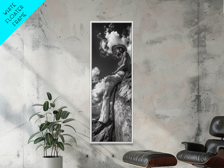 Bohemian Man, Clifftop Reflection, Framed Canvas Print, Coastal Cowgirl Wall Art, Rustic Décor, Boho Art, Minimalist Art