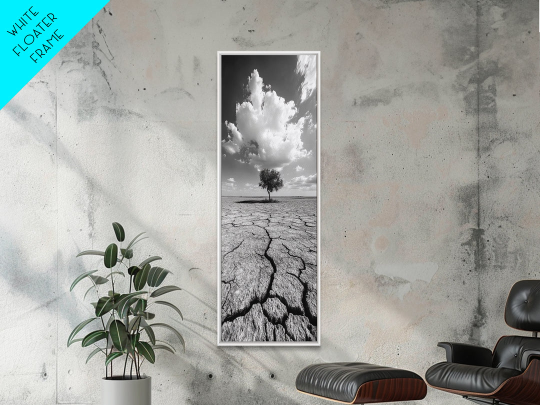 Lone Tree, Cracked Earth, Framed Canvas Print, wabi sabi art, moody art, landscape painting, above bed wall art,minimalist art, extra wide art