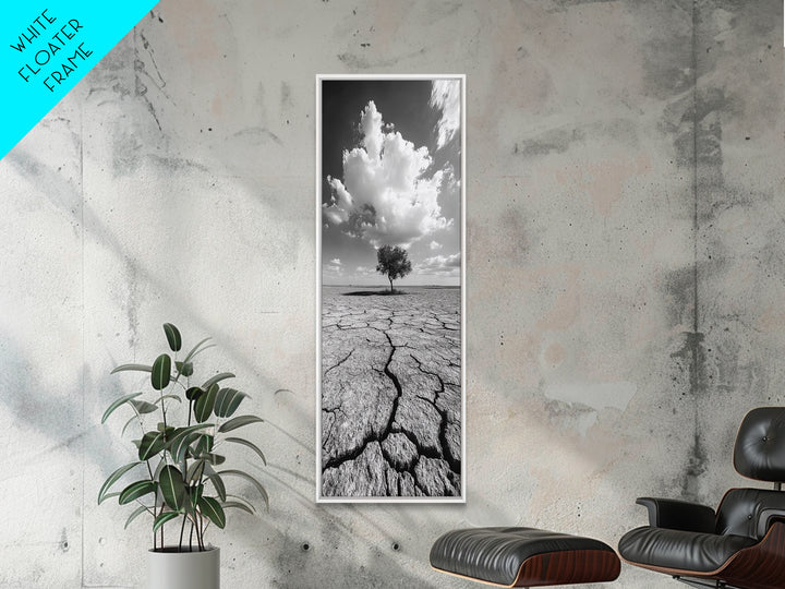 Lone Tree, Cracked Earth, Framed Canvas Print, wabi sabi art, moody art, landscape painting, above bed wall art,minimalist art, extra wide art