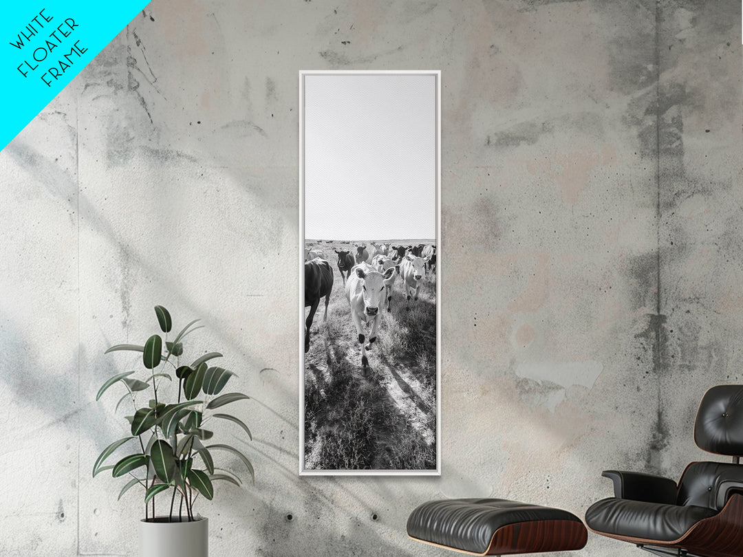 Running Cattle, Framed Canvas Print, rustic western wall art, cowboy décor, farmhouse art, above sofa art, panoramic painting, country home decor