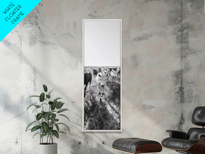 Running Cattle, Framed Canvas Print, rustic western wall art, cowboy décor, farmhouse art, above sofa art, panoramic painting, country home decor