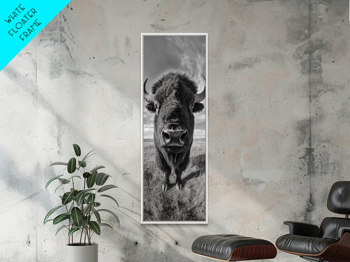 Majestic Bison Close-Up, Framed Canvas Print, rustic wall art, cowboy home décor, wildlife photography, farmhouse art, black and white photography