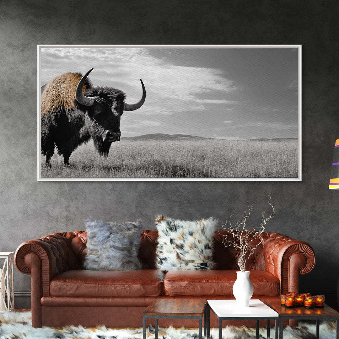 Buffalo Wall Art Canvas Print | Rustic Farmhouse Decor | Western Landscape Art | Moody Wall Art | Extra Wide Art | Nature Lover Gift