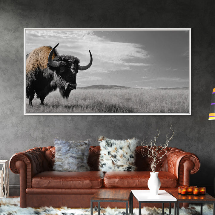 Buffalo Wall Art Canvas Print | Rustic Farmhouse Decor | Western Landscape Art | Moody Wall Art | Extra Wide Art | Nature Lover Gift