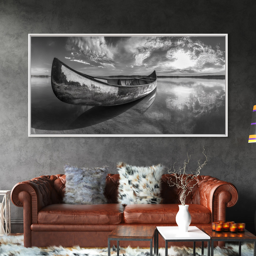 Canoe, Nautical Decor, Lake Tahoe Art, Coastal Wall Art, Above Couch Art, Rustic Art, Panoramic Painting, Framed Canvas Print