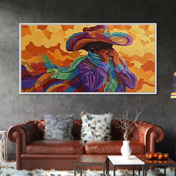 Bold Cowboy Portrait, western art, chicano art, rustic wall art, southwest wall art, moody art, colorful oil painting, canvas print