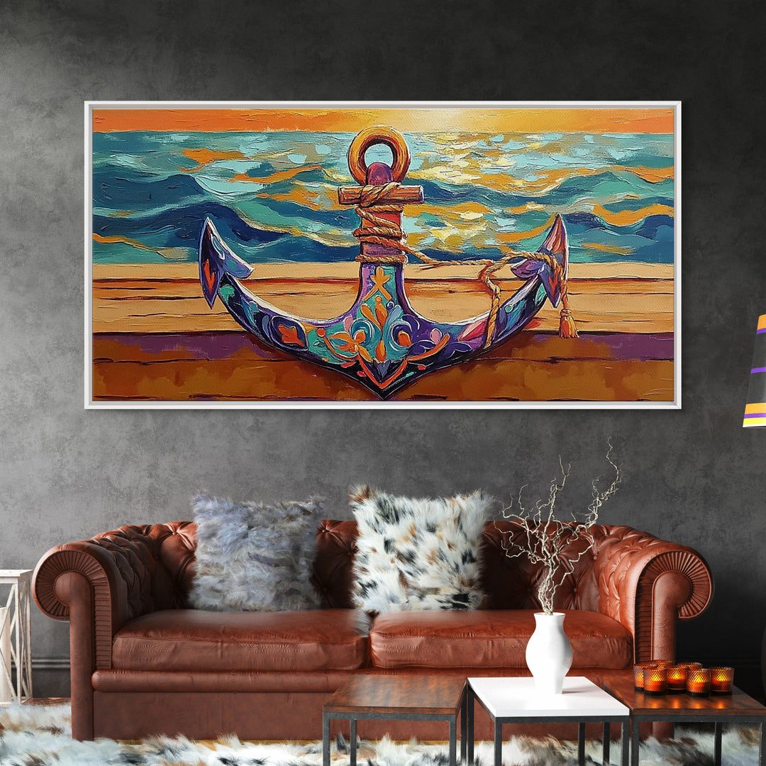 Anchor at Sunset, nautical painting, coastal decor, ocean art, framed canvas print, above sofa art, beach house decor, seascape