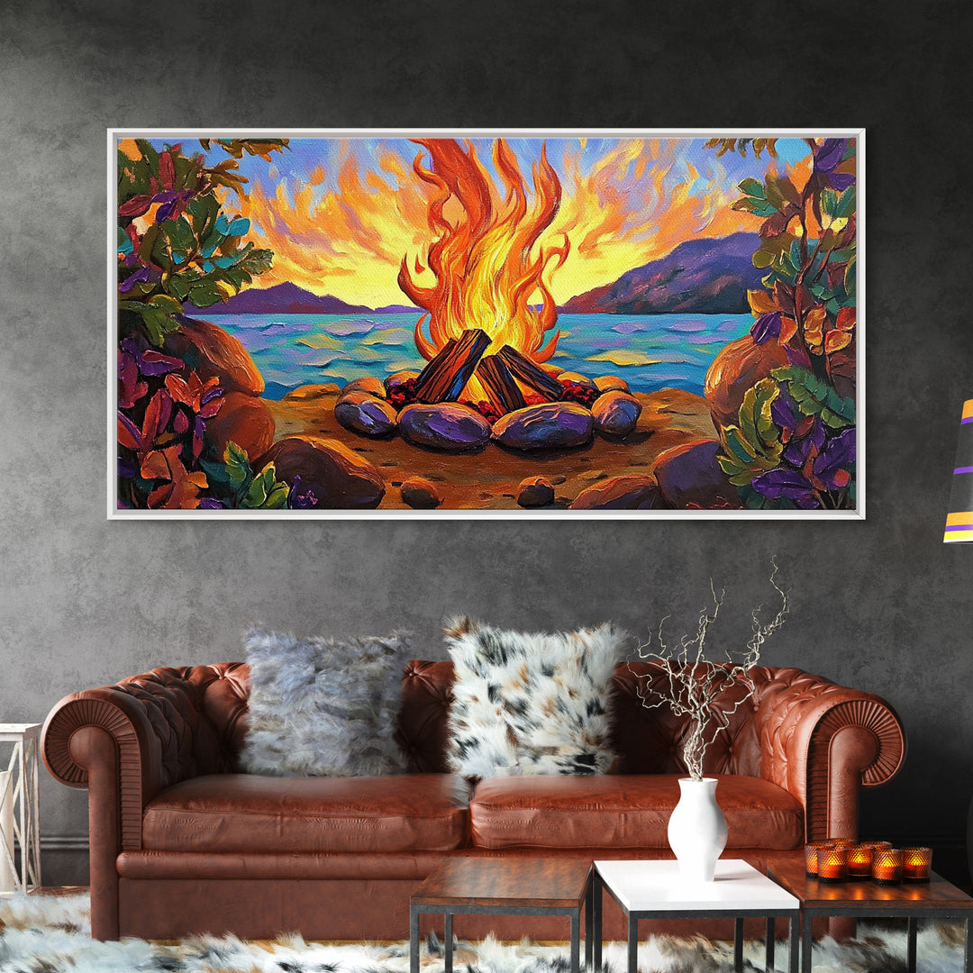 Campfire by Lake, bonfire painting, rustic wall art, mountain painting, framed canvas print, above sofa art, cozy night decor