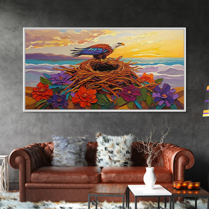 Bald Eagle Nest, bird art, mountain painting, moody art, southwest wall art, patriotic decor, nature art, Framed Canvas Print