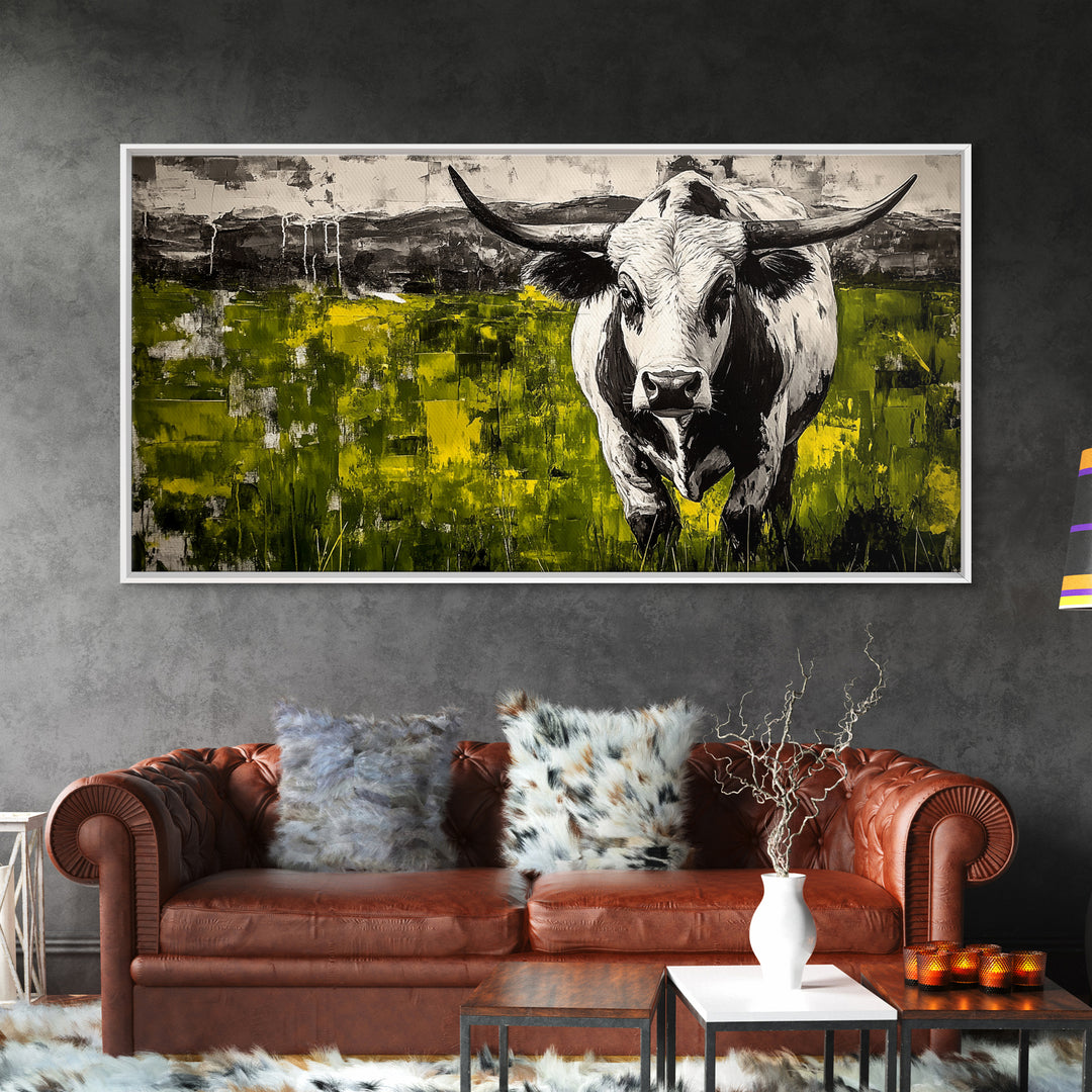 Bull Painting, rustic wall art, bull and bear art, farmhouse decor, green wall art, bold statement art, dramatic painting, Canvas Print