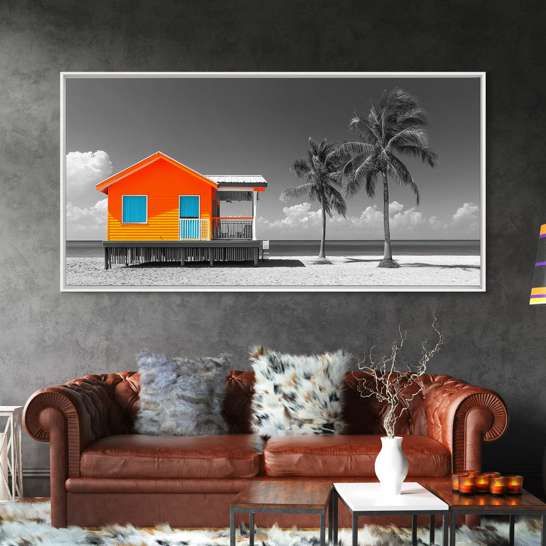 Bright Beach House Framed Canvas Print | Coastal Landscape Art | Nautical Wall Art | Coastal Decor | Extra Wide Art | Tropical Beach Art