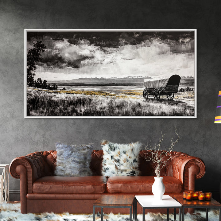 Covered Wagon, barn landscape oil painting, rustic wall art, farmhouse decor, panoramic art, smoky mountain art, Framed Canvas Print, landscape