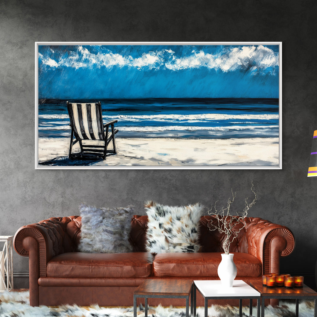 Beach Chair, coastal decor, nautical painting, seascape painting, ocean view, lake Tahoe art, blue and green wall art, Framed Canvas Print, surf