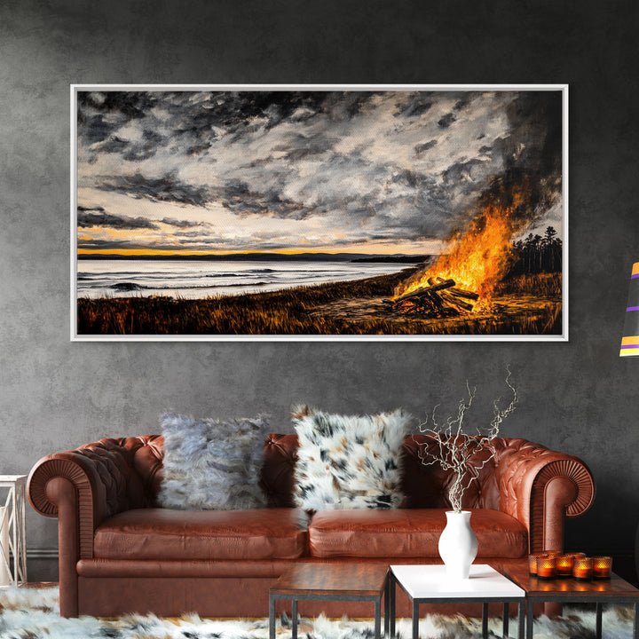 Campfire, forest at dusk painting, smoky mountain art, extra wide art, autumn decor, wabi sabi art, Framed Canvas Print, above couch art