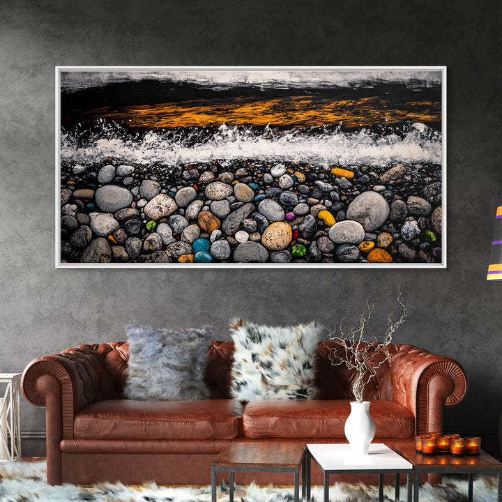 Pebble Beach, coastal landscape art, wabi sabi art, rustic decor, moody art, panoramic painting, seascape painting, Framed Canvas Print, zen art
