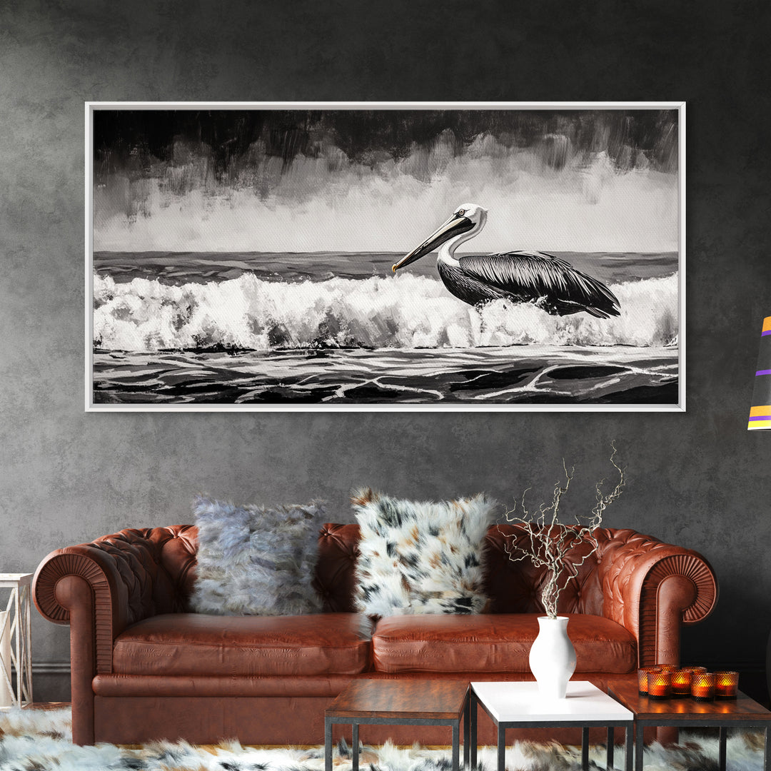 Pelican, coastal wall art, nautical painting, black and white art, seascape painting, ocean bird, Framed Canvas Print, beach decor