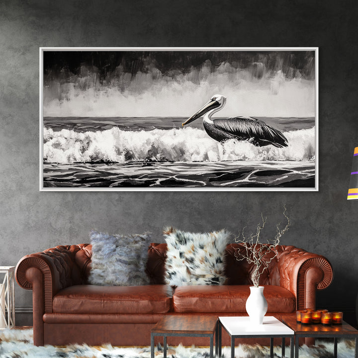 Pelican, coastal wall art, nautical painting, black and white art, seascape painting, ocean bird, Framed Canvas Print, beach decor