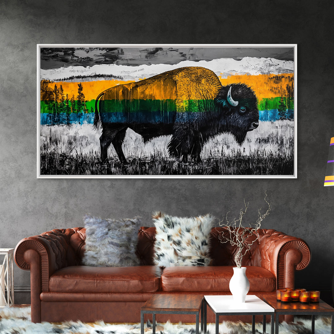 Bison, rustic wall art, mountain painting, western decor, wildlife art, Joshua tree art, extra wide art, Framed Canvas Print, moody art