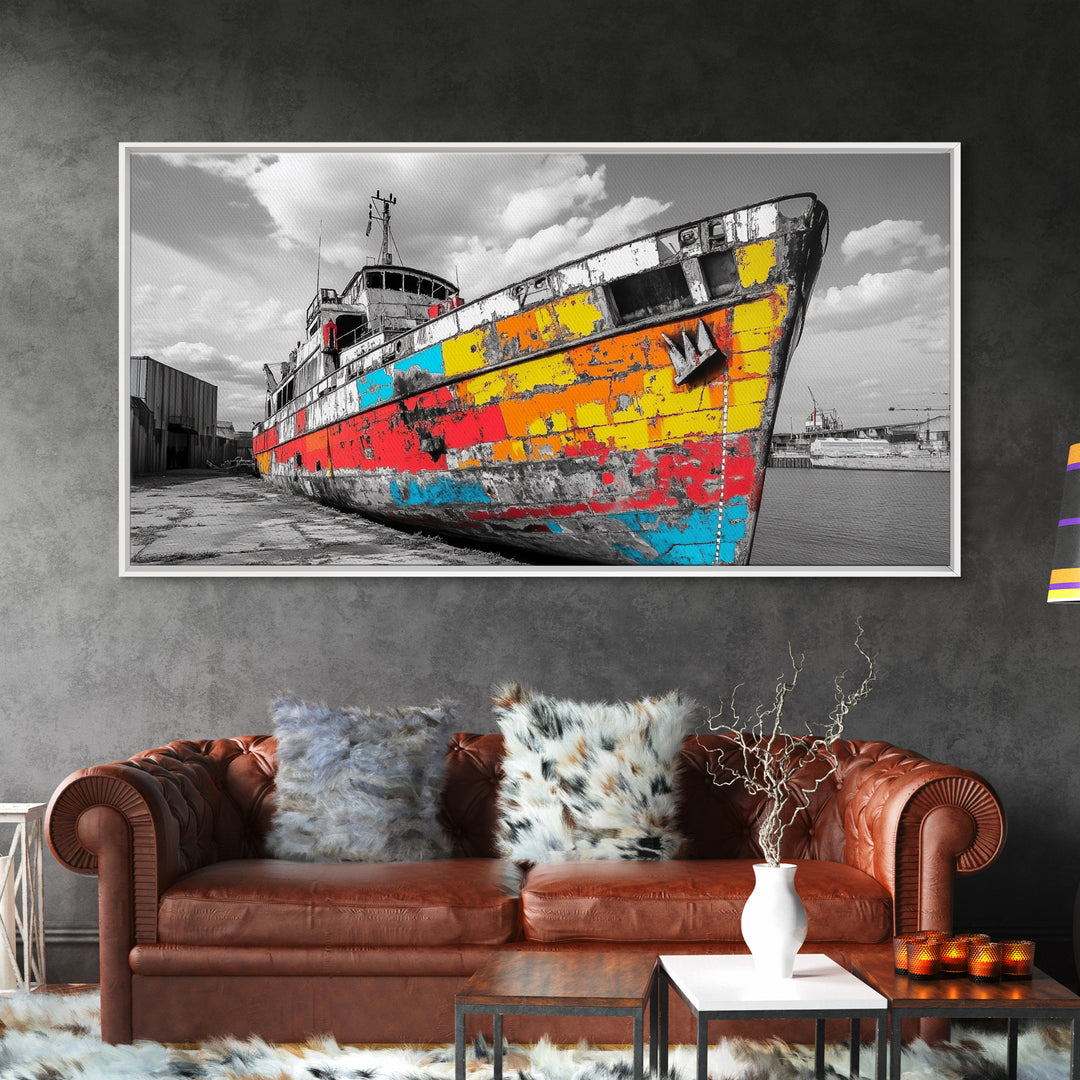 Colorful Rusted Ship Canvas Print | Nautical Wall Art | Coastal Painting | Moody Art | Extra Wide Art | Above Sofa Art | Wabi Sabi Art